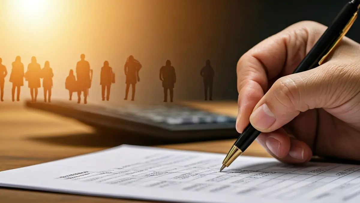 Imagen genérica de una persona rellenando un formulario de impuestos, con una calculadora cerca.