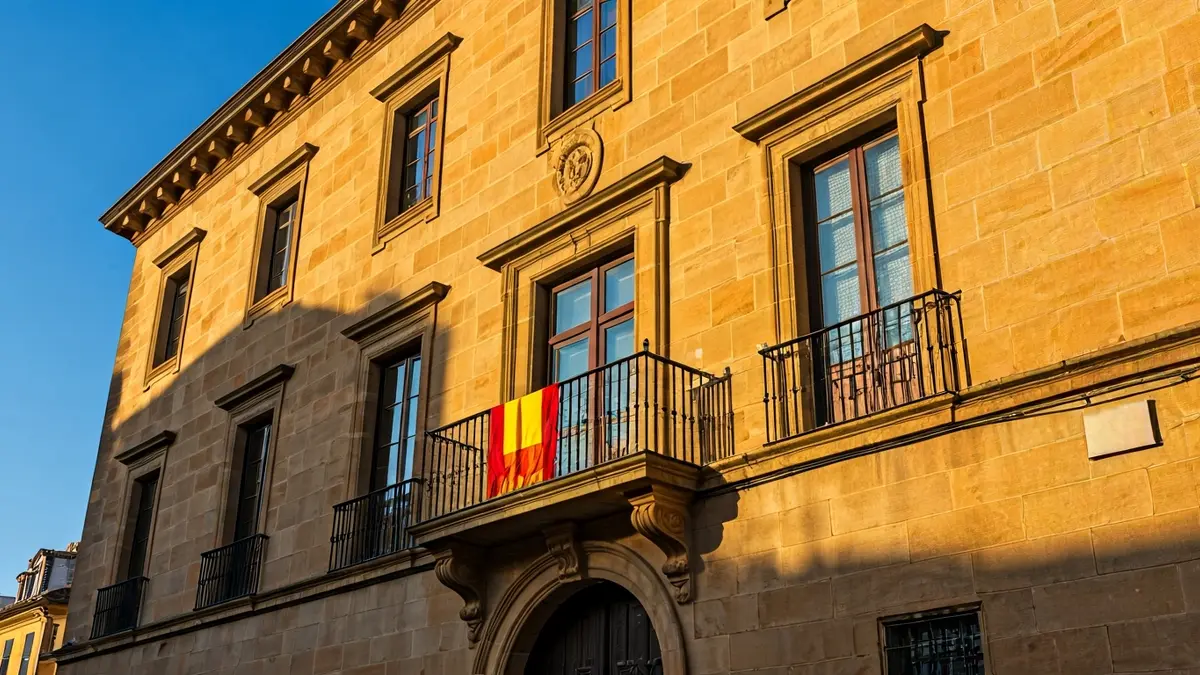 Fachada de un ayuntamiento de piedra con balcón y barandillas de hierro, bajo la luz del sol de la tarde.