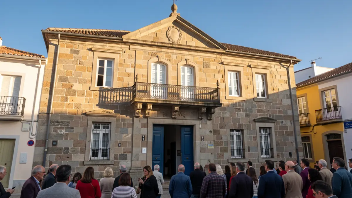 Fachada de un ayuntamiento tradicional canario con balcón ornamentado, luz de tarde.
