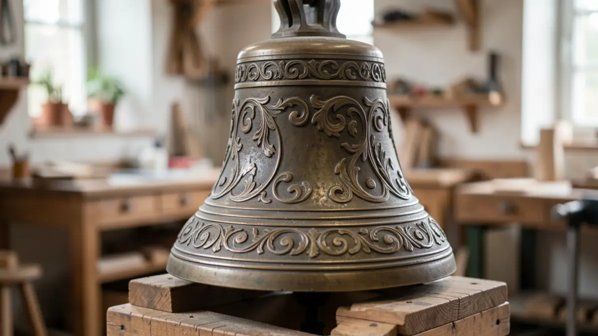 Campana de bronce ornamentada en un taller.