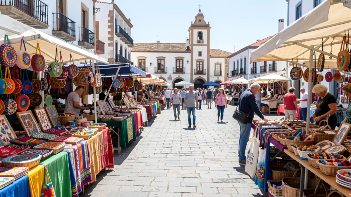 Imagen genérica de una feria de artesanía en Canarias con puestos de productos locales y arquitectura tradicional.