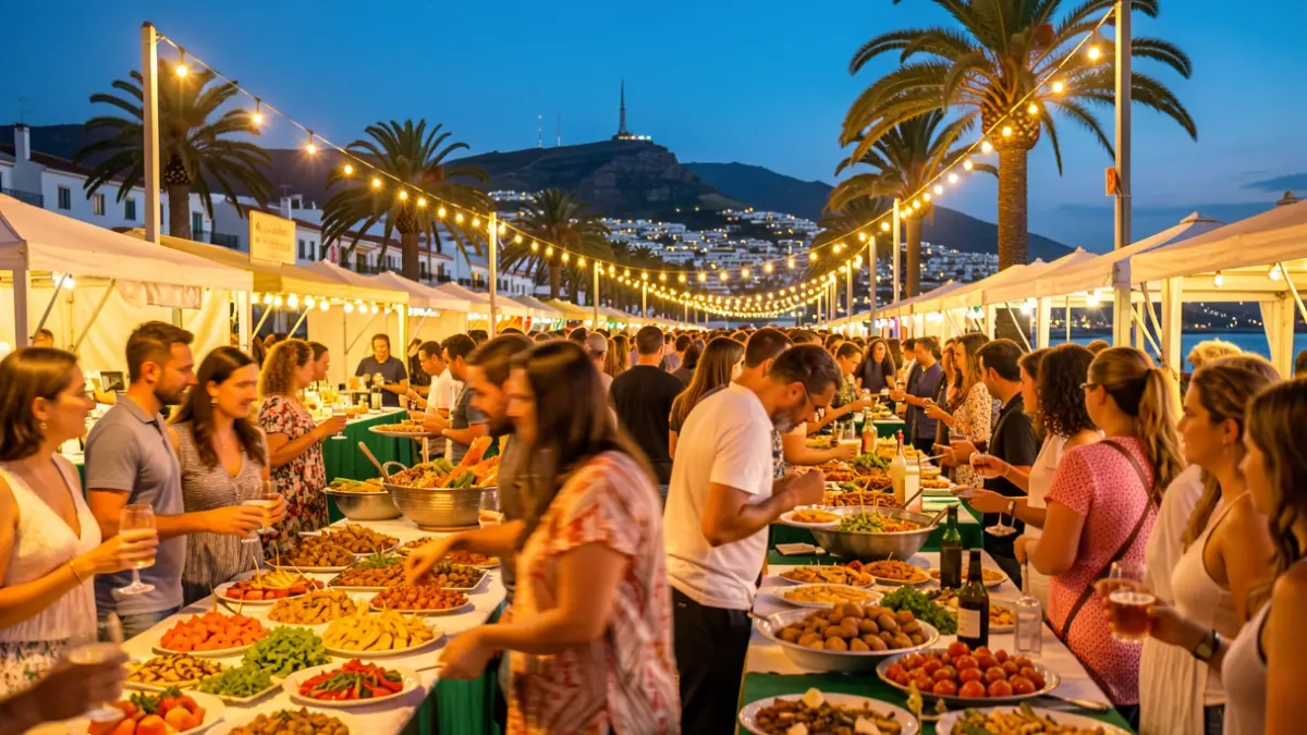 Imagen genérica de una fiesta gastronómica al aire libre en El Médano, con gente disfrutando de tapas y música.