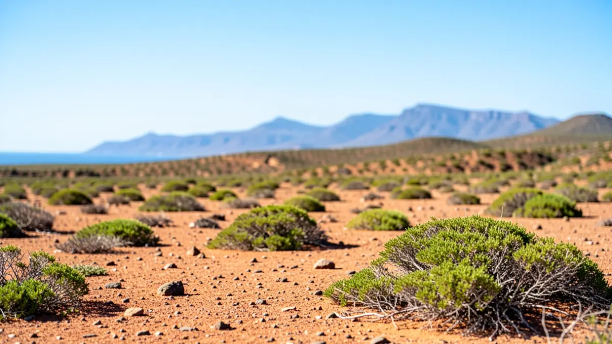 Cielo soleado sobre un paisaje árido y montañoso de Canarias.