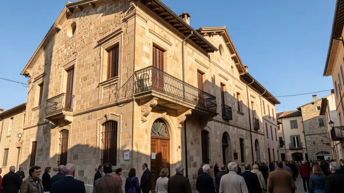 Fachada de un ayuntamiento tradicional canario con balcón y barandillas de hierro, luz cálida de la tarde.