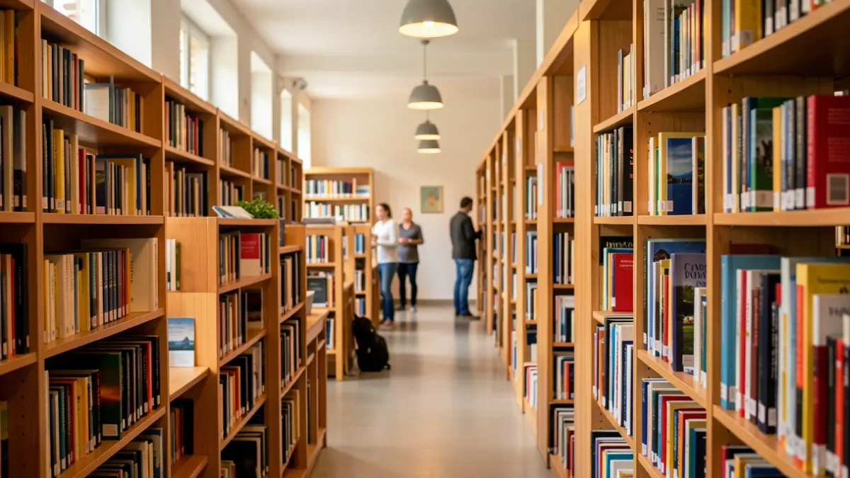Imagen de una biblioteca moderna en Canarias, con estanterías llenas de libros y ambiente acogedor.