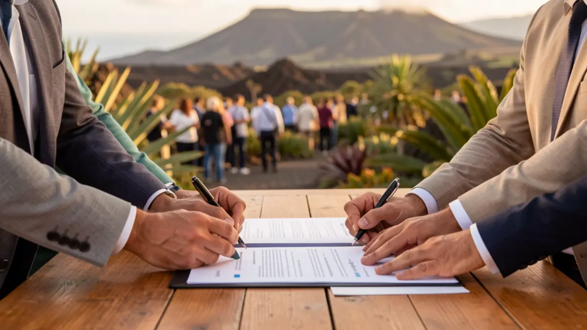 Manos de diversas organizaciones firmando el Pacto por la Movilidad Sostenible en Lanzarote.