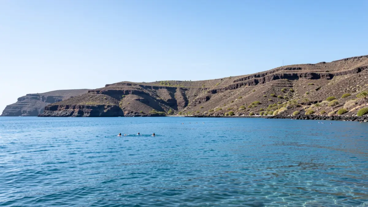 Imagen de nadadores en una bahía tranquila con costa volcánica en Canarias.